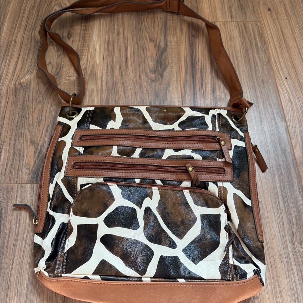 Giraffe Print Crossbody Bag with Brown Accents